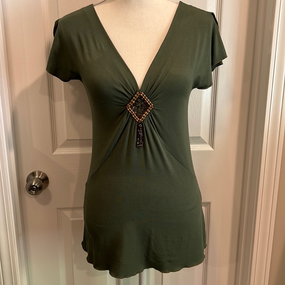 Tape Measure size small olive green top with beading